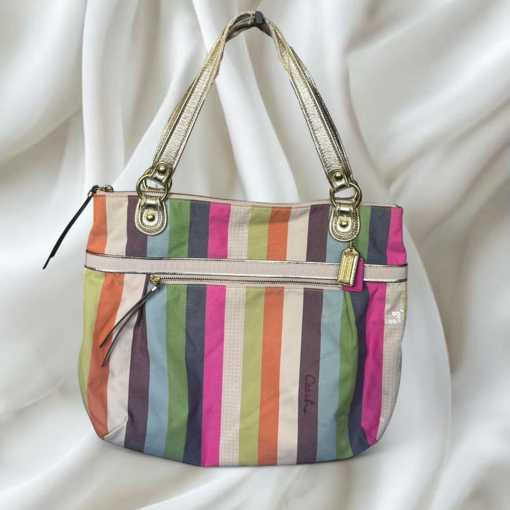 Y2K vintage Coach Poppy Legacy Stripe Glam Tote sequin gold